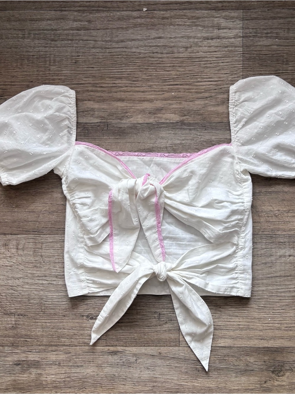 Theme White Eyelet Tie-Front Puff Sleeves Crop Top Pink Trim Coquette Feminine